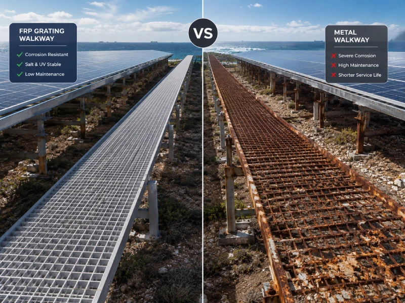 Γιατί το FRP Grating είναι το καλύτερο υλικό για PV O&M Walkways (FRP Solar Grating vs Metal)