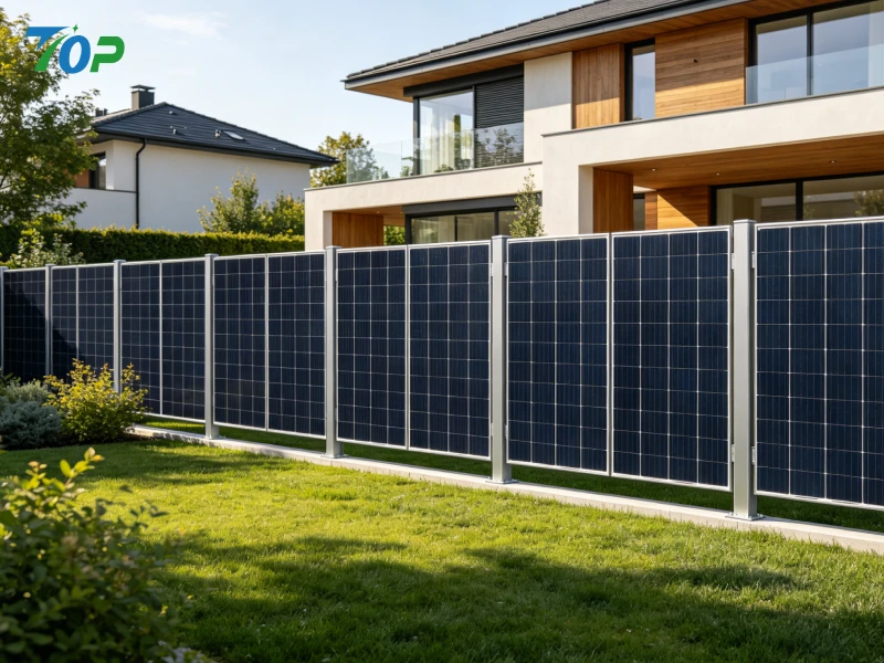 Solar fence system installed around a European villa with bifacial panels forming perimeter fencing
